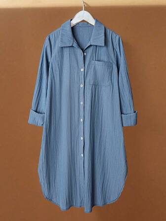 女式长袖纯色前口袋纽扣长衬衫