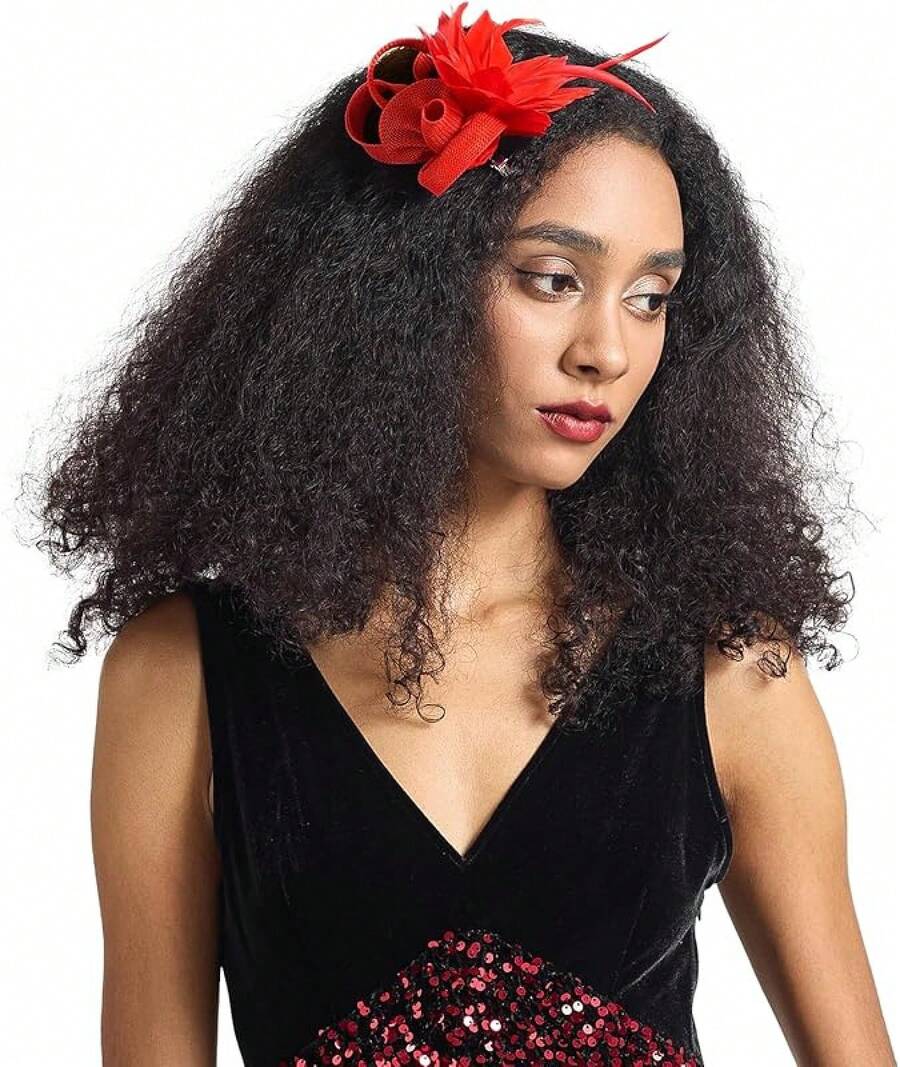 Fascinators Hats Women,Tea Party Fascinator Hair Clip With Feathers Wedding,Derby Hats Headbands - Ha9582-紅色 - 查看 1