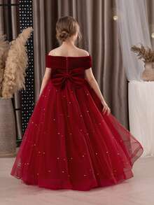 Tween Girl Christmas Dress Spaghetti Strap Bow Tulle Elegant Flower Girl Party Dress Princess Gown, Suitable For Girls Wedding, Party, Birthday, Communion, Special Occasions - 酒紅色 - 查看 10