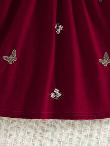 Girls' Sweet Bowknot & Embroidery Decor Long Sleeve Dress, Suitable For Spring/Autumn, Christmas Party, Family Gathering, Outdoor Play, And Daily Wear - 酒紅色 - 查看 4