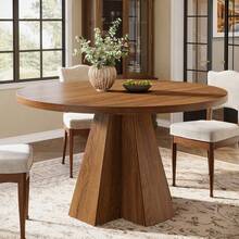 LITTLE TREE Circle Kitchen Table With Pedestal Base, Round Dining Table For 4, Farmhouse, Space Saving, Dining Room, Kitchen, Living Room, Walnut Brown - 棕色 - 查看 3