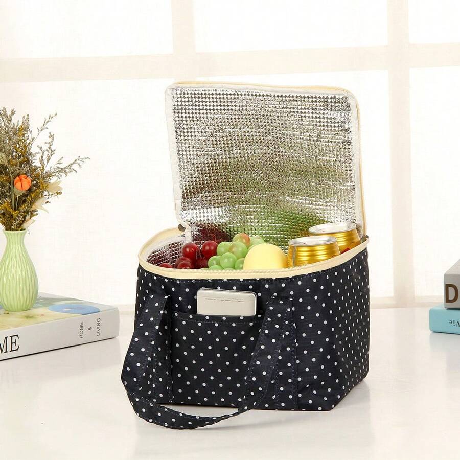 1 pieza Bolsa de picnic de tela Oxford con estampado de lunares, bolsa de hielo cuadrada de gran capacidad, bolsa bento portátil, bolsa de almuerzo