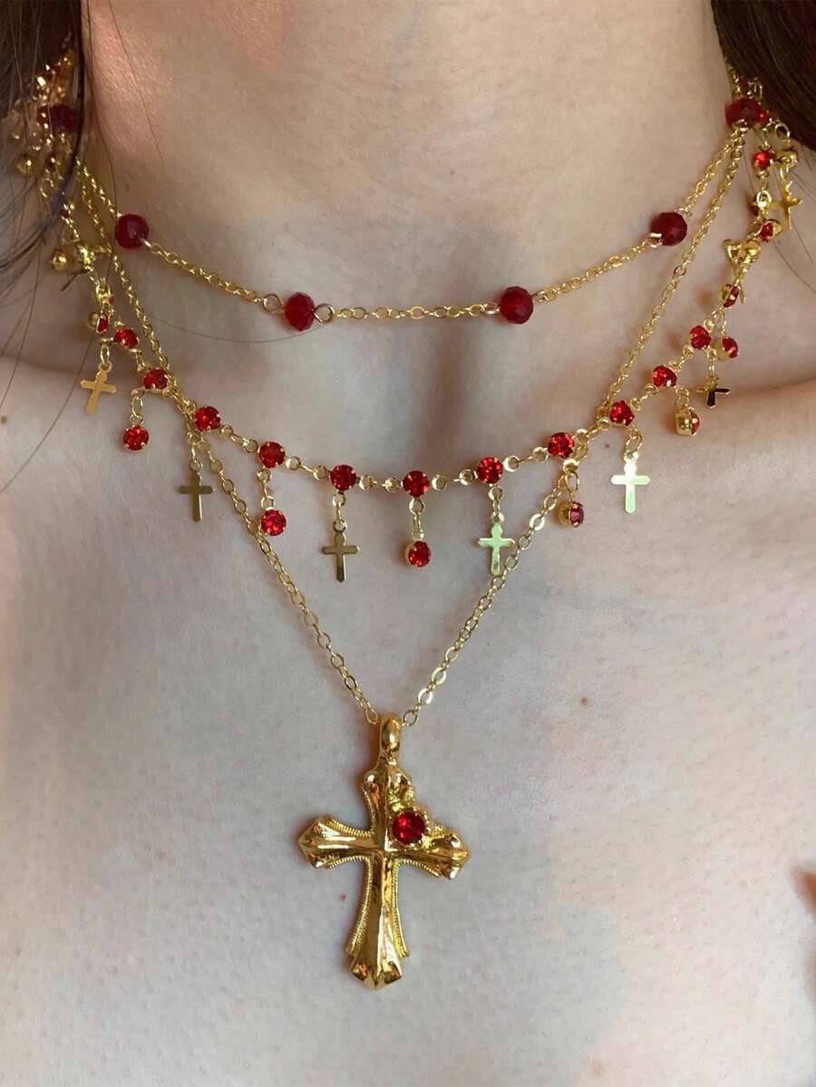 1pc Women's Cross Tassel Gold Metal Resin Punk Party Dress Accessory For Halloween