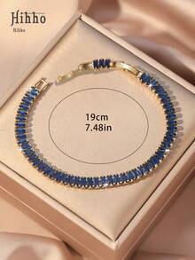 Hihho 1 件简约时尚闪亮蓝宝石蓝色方形锆石镶嵌女士手链，约会礼物 - 寶藍色 - 查看 5