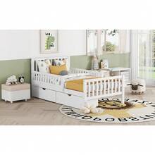 Twin Size Wood Kids Platform Bed With Guardrails On Both Sides And Two Storage Drawers ,White - 白色 - 查看 3