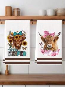 2Pcs Kitchen Towel Watercolor Floral Highland Cow Country Style Farmhouse Dish Towel Kitchen Dishwashing Hand Tea Towel Kitchen Dry Dish Towel Suitable For Kitchen Restaurant Dining Table