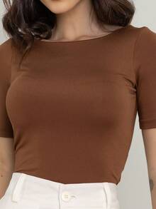 Open Back Blouse Boat Neckline Suplex  Africa Casual - 鏽棕色 - 查看 5