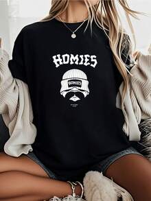 HOMIES-Shirt         Graphic Tees Women Crop Women Clothing Outfits Women Summer Tops-Shirt - 黑色 - 查看 1