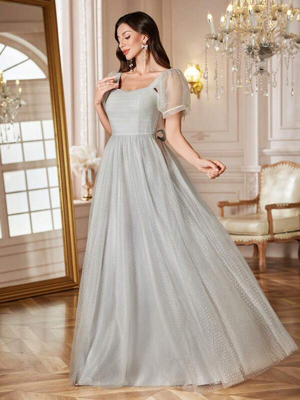 1 Stück graues gepunktetes elegantes gerafftes Mesh-Splice Abendkleid, hochwertiges Abendkleid für Hochzeit, Party, festliche Anlässe, geeignet für Frühling, Sommer, Herbst, Winter