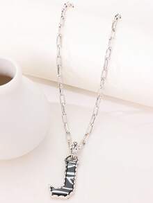 1pc Western Country Style Vintage Textured CCB Multicolor Leopard Print Black & White Plaid 26 Letter Minimalist Pendant Necklace, Sweater Chain