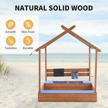 Wooden SandBoxes With Roof, Outdoor Sand Box Play W/Canopy For Backyard Garden Beach, Sand Pit For Beach Patio Outdoor, [Adjustable Cover & Funnel & Drawing Board] - 深木色 - 查看 2