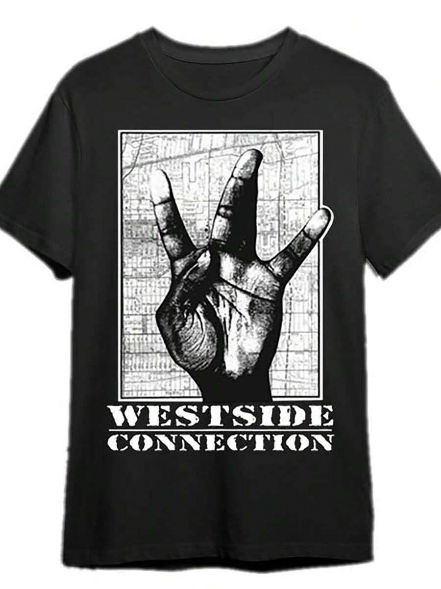 Men Casual Street Style Graphic T-Shirt Black Urban City Map Westside Connection Print Loose Fit Round Neck Lightweight Breathable Fabric For Summer Machine Washable Streetwear Essentials Bold Print Shirt Comfortable Clothing - 黑色 - 查看 1