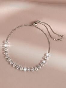 4 pezzi Braccialetto tennis regolabile con zirconia cubica geometrica, design rotondo e quadrato lucido, adatto per uso quotidiano di donne e ragazze - Argento - Visualizzare 4