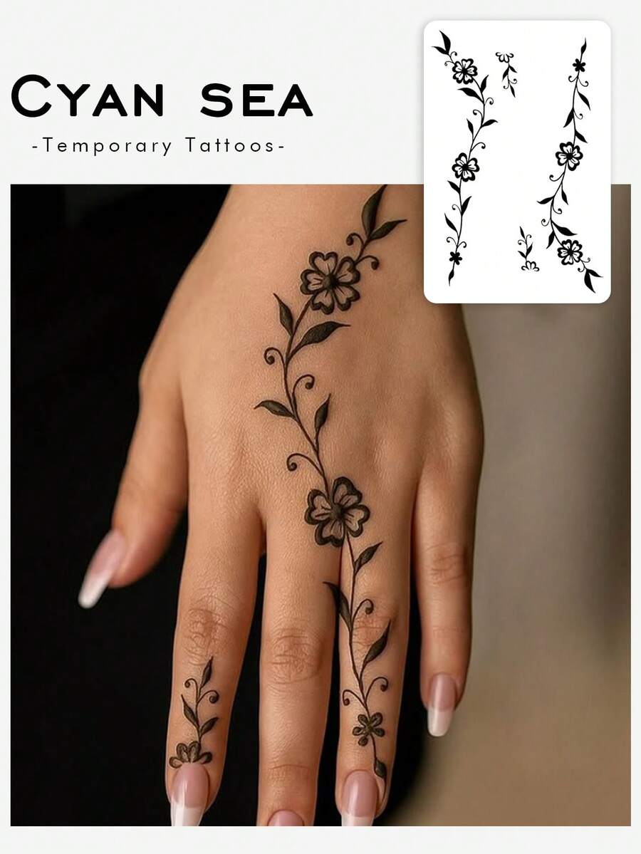 Waterproof And Sweat-Proof, Washable Temporary Tattoo Sticker - 1 Piece. Unique And High-Grade Design, Featuring Flowers, Vines And Henna. This Is A Fashionable Plant And Flower Pattern Tattoo. Suitable For People To Use Daily. - Black - View 1