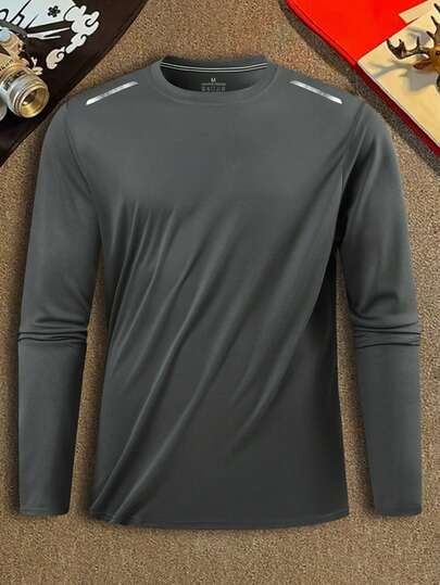 1 件男士纯色圆领长袖 T 恤，户外速干透气休闲健身运动上衣