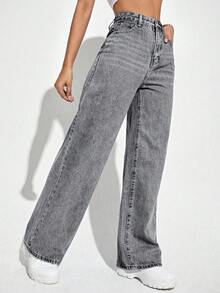 Women's Wide Leg Jeans, High Waist, Butt Lifting Pants - 灰色 - 查看 2