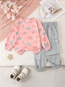 Conjunto de Roupas para Meninas Pequenas Estampa de Gato Cartoon Moletom com Capuz Ternos Esportivos Primavera Outono Roupas Infantis Blusas de Moletom Calças 2 Peças Conjuntos de Agasalhos para Conjuntos de Roupas de Bebê Meninas