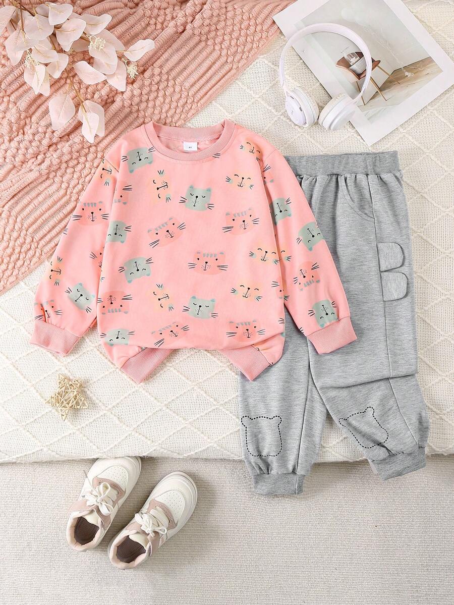 Conjunto de Roupas para Meninas Pequenas Estampa de Gato Cartoon Moletom com Capuz Ternos Esportivos Primavera Outono Roupas Infantis Blusas de Moletom Calças 2 Peças Conjuntos de Agasalhos para Conjuntos de Roupas de Bebê Meninas