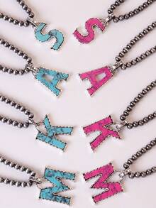 1pc Western Country Style Vintage Textured CCB Multicolor Leopard Print Black & White Plaid 26 Letter Minimalist Pendant Necklace, Sweater Chain