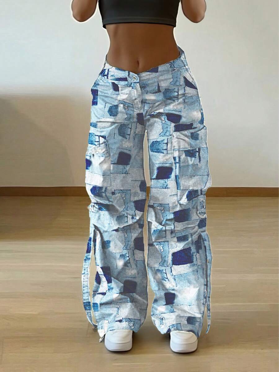 BAIQIANSHI 印花緞帶鈕扣口袋優雅休閒可愛Y2K風格時尚輕便舒適工裝褲，適合萬聖節、感恩節、教師節、夜店、辦公室、健身房、開學季、生日派對、鄉村音樂會、旅行、街頭、機場穿搭，春夏秋冬四季穿著 - 藍白色 - 查看 1