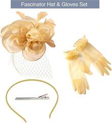 Ibeauti Fascinator Hats With Screentouch Lace Gloves Set Women Tea Party Cocktail Wedding Derby Headwear Short Gloves - 04 Yellow - 查看 2