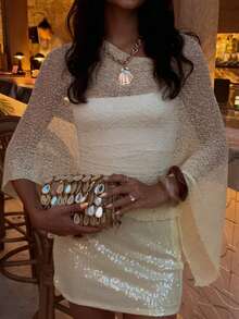 Women Sheer Mesh Poncho Top Crochet Knit Lightweight See Through Shawl Wrap Summer Oversized Loose Shrug Beachwear Swimsuit Bikini Cover Ups - 白色 - 查看 1