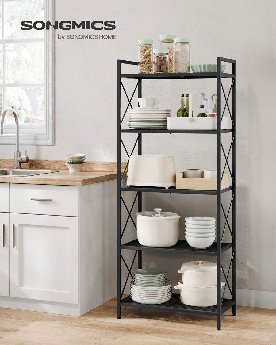 SONGMICS 5-Tier Metal Storage Rack, Storage Shelves, Kitchen Shelf With Side Frames And Dense Mesh, 12.6 X 23.6 X 57.3 Inches, For Entryway, Kitchen, Living Room, And Bathroom, Industrial Style - 黑色 - 查看 1