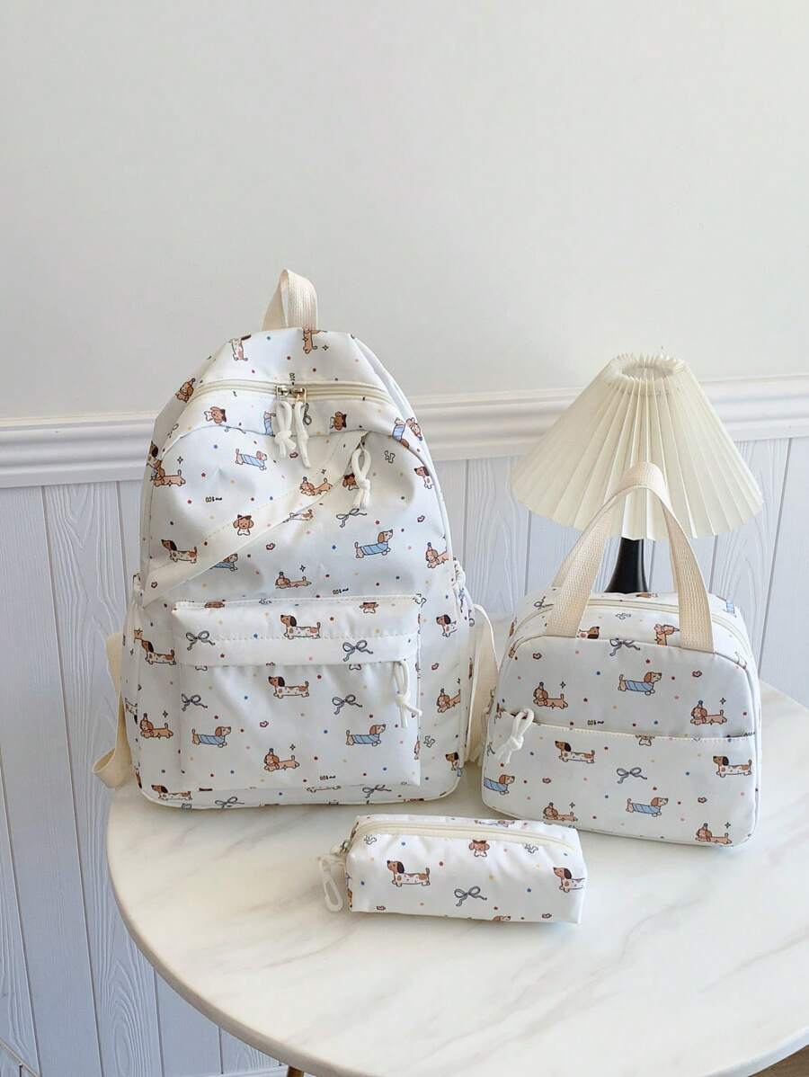 3件套尼龙腊肠犬印花背包，可折叠多口袋大容量拉链背包，适合高中生、大学生日常使用、工作、旅行、情人节礼物、书包、学院风背包带铅笔盒，可爱腊肠犬返校必备背包