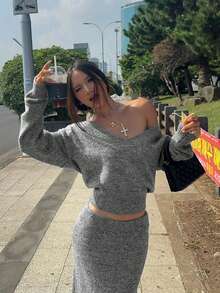 Damen Einfarbiges figurbetontes Crop Top mit V-Ausschnitt + lange Maxi Rock gestricktes Zweiteiler Kleid Set