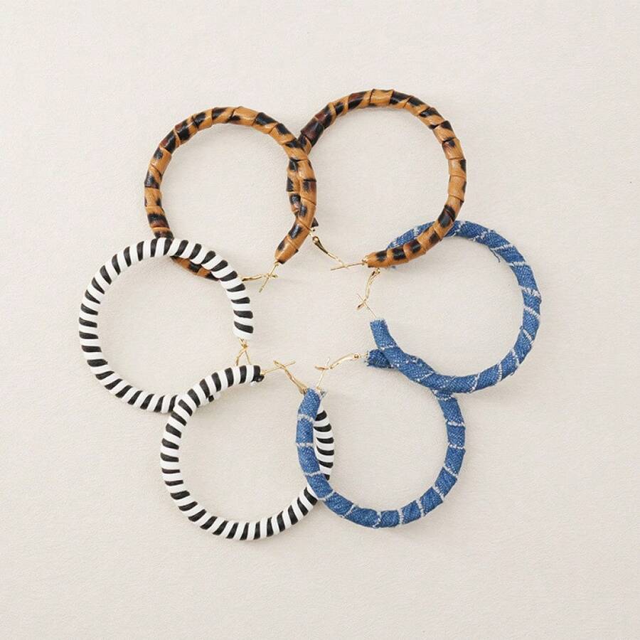 2PC Black And White Striped C Hoop Earrings Exaggerated Leopard Print Women's Color-Block Vintage Stud Earrings Light Luxury - 10-1003 Xanh denim-Vàng - Xem 1