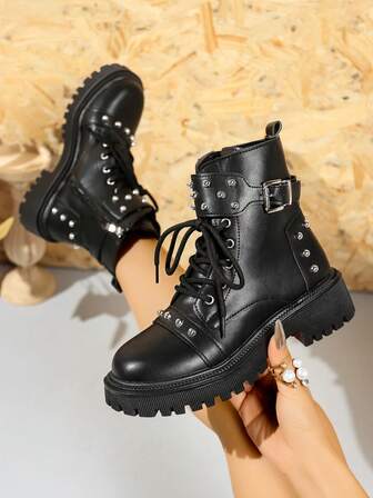 1 Pair Shiny Punk Western Style Fashion Metal Eyelet Lace-Up Women's Ankle Boots, Suitable For Holidays, Weddings, All Seasons