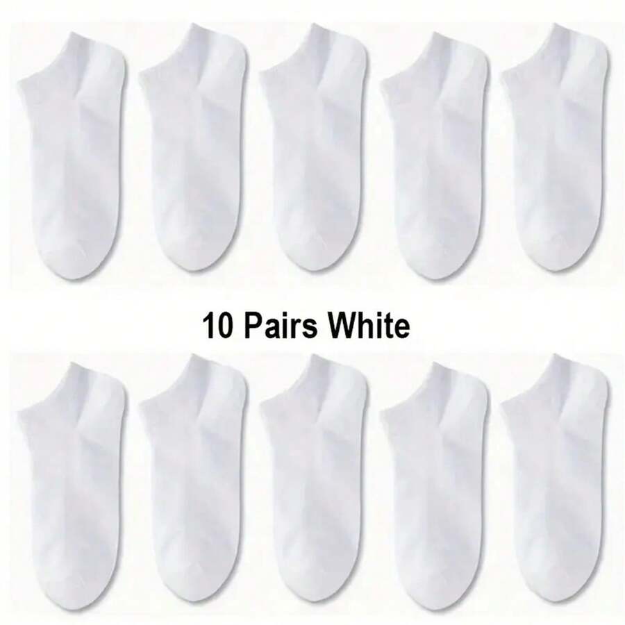 10 Pairs Of Black, White, Gray, And Thin Men's Sweat Absorbing Socks - Comfortable And Soft Solid Color Socks For Daily Use By Men And Women, Perfect For Business Travel And Vacation, Lightweight Ankle Socks - 白色 - 查看 1