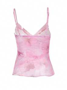 Elegant Women's Pink Floral Wrap Cami Top, Semi-Sheer Cropped Design With Asymmetrical Hem And Lettuce Trim Details, High Stretch Knitted Fabric