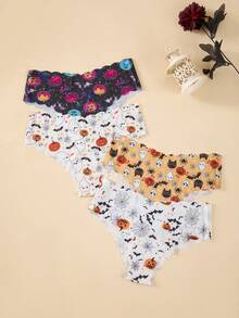 7pcs Halloween Printed Women's Underwear, Comfortable Seamless V-Waist Lifting Wavy Edge Briefs