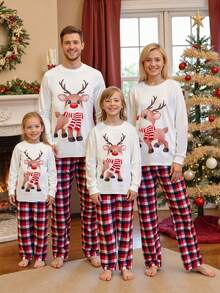 Family Christmas Pajamas Set, Long-Sleeved Elk Print Top + Stretch Plaid Pants / Pajamas Set, Very Suitable For The Whole Family To Wear Pajamas Home Clothes - 白色 - 查看 2