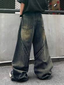 1pc Men's Distressed Vintage Wash Deconstructed Patchwork Wide Leg Jeans (Product Does Not Include Belt And Accessories) - Blue - View 8
