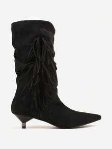 Duck Heel Ankle Boots With Ruching And Fringe - Black - View 3