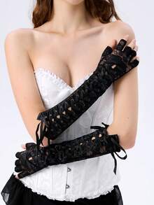 1 双花卉蕾丝铆钉系带派对和万圣节时尚手套 - 純色 - 查看 3