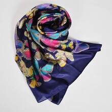 100% Mulberry Silk Scarf For Women Lightweight Long Scarves Beach Wraps Cover Up -Travel Photography Scarfhalloween - 海軍藍蝴蝶 - 查看 2