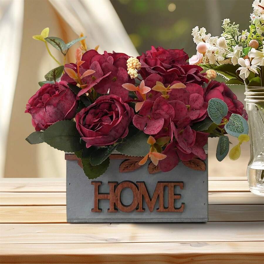 Artificial Peony Plants Realistic Natural Fake Potted Flower Decor For Desktop Home Yard And More - Red - View 1