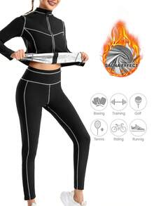 Women's Sauna Suit, Women's Sports & Fitness Sweat Suit, Women's Sweat Shirt, European And American Women's Sweat Shirt, Sports Sauna Sweat Shirt, Fitness Yoga Sweat Shirt, Long Sleeve Sweat Shirt, Sweat Pants - Black - View 2