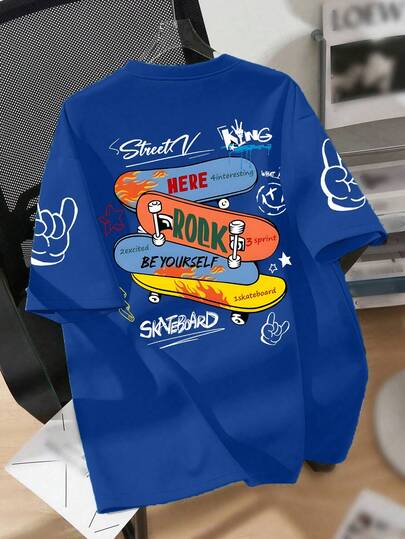 1件男童街头滑板彩色印花短袖T恤，柔软亲肤面料，日常运动夏季款式