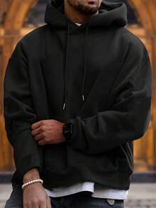 男士纯色落肩长袖抽绳口袋休闲连帽衫，秋冬季，返校季 - 黑色 - 查看 3