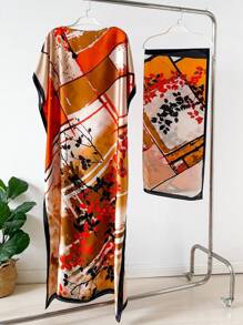 1pc Faux Silk Printed Robe, Shawl & Small Scarf Set, Women Coverup For Beach, Sun Protection, Daily Wear