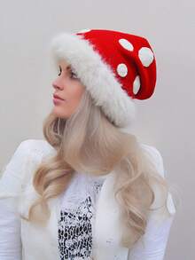 1 Piece Beautiful Ladies' Hat Thick Knitted Warm Hat With Faux Fur Trim & Polka Dots - Cozy Winter Headwear For Women