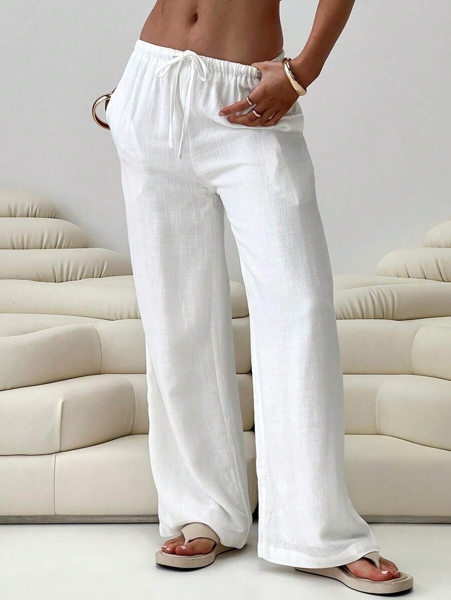 女士夏季新款纯色亚麻混纺直筒宽松弹力腰抽绳口袋休闲裤 白色春季 - 白色 - 查看 1