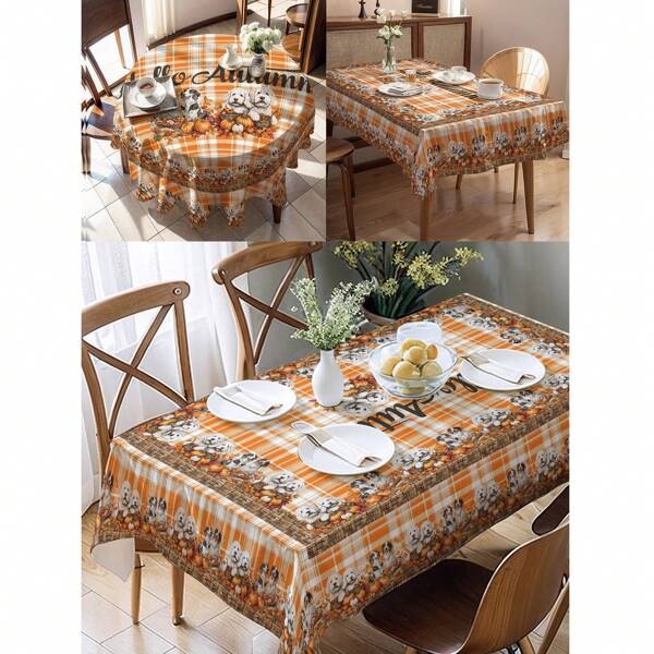 1 Stück Thanksgiving Kürbis & Hund Muster Tischdecke, saisonale Küchen-/Esszimmer Dekoration, rund/rechteckig, Polyestermaterial, Innen-/Außenbereich Party Dekoration, Thanksgiving Feiertags Dekoration, Heim Küchen Dekoration
