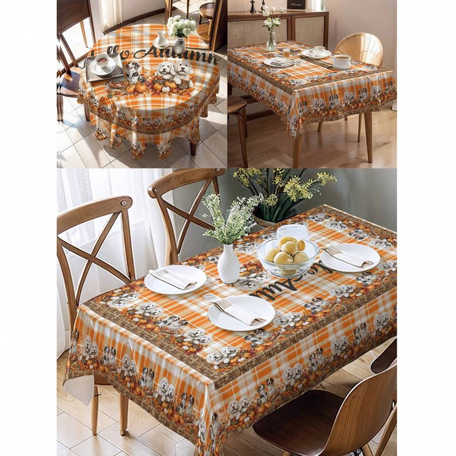 1 pièce Nappe avec motif citrouille et chien pour Thanksgiving, décoration saisonnière de table de cuisine/salle à manger, tailles rondes/rectangulaires, en polyester, décoration de fête intérieure/extérieure, décoration de vacances de Thanksgiving, décoration de cuisine à la maison