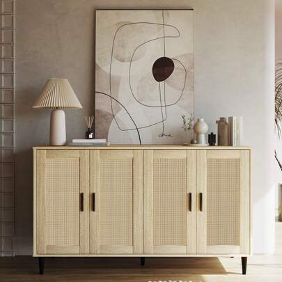 Buffet Sideboard With Storage Farmhouse With 4 Rattan Doors, Sideboard Buffet Cabinets With Storage For Living Room, Dining Room, Entryway, Natural,Black