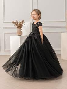 优雅少女派对圣诞酒红色连衣裙，饰有刺绣蝴蝶结和薄纱，公主裙，适合女孩生日派对、宴会、晚宴、花童、伴娘、婚礼、感恩节、毕业典礼等场合。 - 黑色 - 查看 7